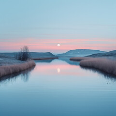 Tranquil landscape with serene river, pastel sunset, and gentle hills reflecting in water.