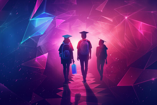 student ginger back view Digital future education concept in futuristic polygon style. Choosing a Technology Career on the Path to Success
