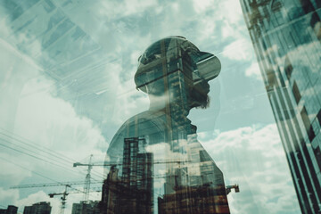 double exposure graphic design. Building engineers, architects people, or construction workers working on illustration of digital
building construction engineering