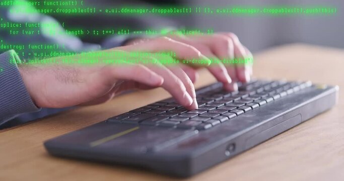 Intellectual, highly paid job as a programmer. Close-up, hands on a computer keyboard typing code.
