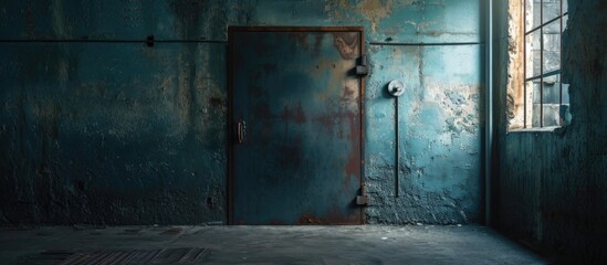 Fototapeta na wymiar Open metal door in basement of deserted southern factory.