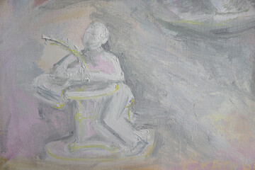 White decorative background oil painting brush strokes texture. Poet writing at table with quill pen.