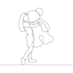Fototapeta na wymiar A small child hugs a large plush animal. Baby plays with a big toy. Toy plush bear. One continuous line . Line art. Minimal single line.White background. One line drawing.