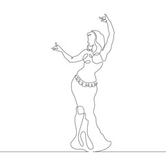 Woman dancing belly dance. Dancer in oriental costume. Oriental dance. One continuous line . Line art. Minimal single line.White background. One line drawing.