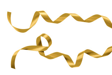 Gold ribbon satin bow curly scroll png set isolated on transparent background for Christmas, birthday and wedding card confetti design decoration - 743896380