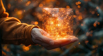 A fiery hand grasping a glowing cube, emanating heat as a person holds onto their burning desires - obrazy, fototapety, plakaty