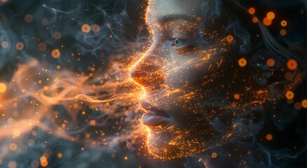 A woman's fiery gaze is engulfed in the intense heat of orange smoke, igniting a sense of passion and intensity within the viewer - obrazy, fototapety, plakaty