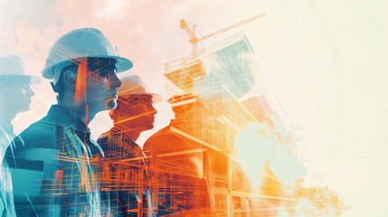Fototapeta na wymiar double exposure graphic design. Building engineers, architects people, or construction workers working on illustration of digital building construction engineering