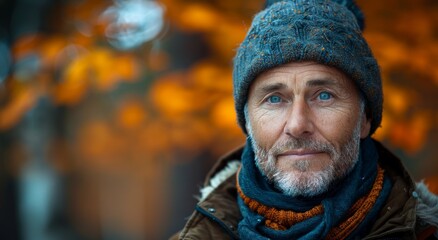 A rugged man with a weathered face donning a hat and scarf stands confidently on a bustling city street, exuding a sense of mystery and sophistication with his facial hair and choice of attire