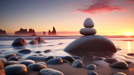 A pile of rocks sitting on the beach - obrazy, fototapety, plakaty