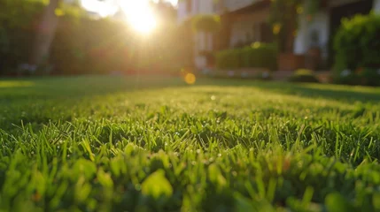  Beautiful manicured lawn in residential house backyard background © ArtBox