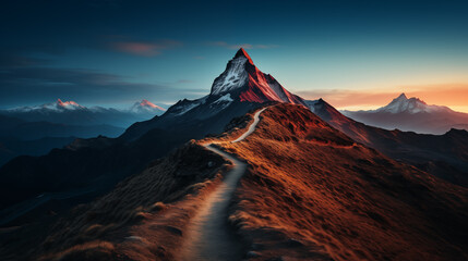 A dawn-lit scene of a steep mountain peak.