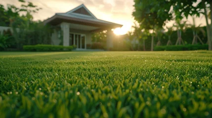 Fototapeten Beautiful manicured lawn in residential house backyard background © ArtBox