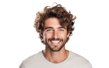Fototapeta premium Smiling Man With Curly Hair and Beard. A man with curly hair and a beard is smiling in this portrait. His expression exudes happiness and warmth.
