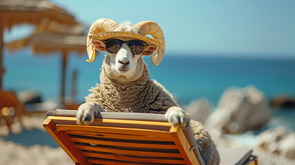 Funny curly wool sheep in a straw hat and sunglasses is relaxing on a chaise longue on the sea beach