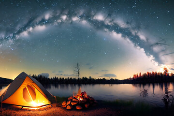 Nightime camping under the brightly lit starry skies