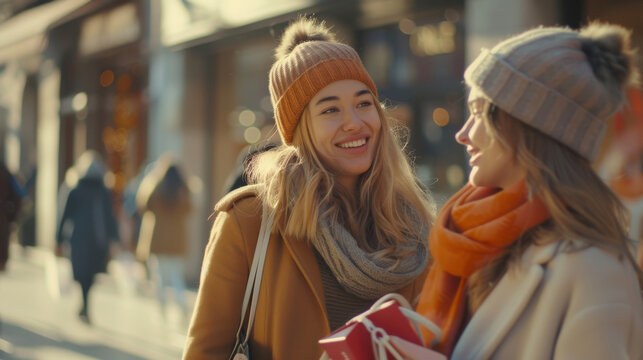 Beautiful Young Woman Friends Enjoying Shopping In The City