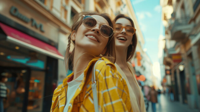 Beautiful Young Woman Friends Enjoying Shopping In The City