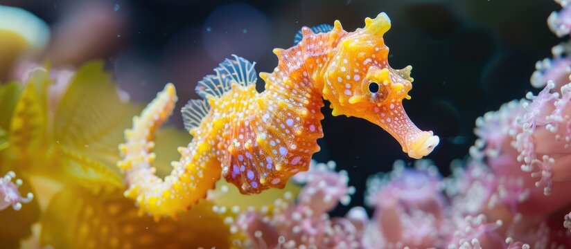A detailed view of a knobby seahorse, also known as the short-headed or short-snouted seahorse, resting on vibrant coral.