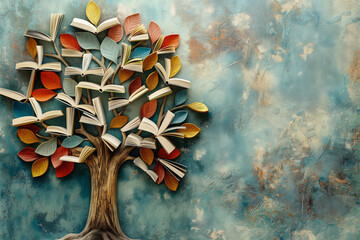 International books and trees with books like leaves Smart knowledge and education day concept. - obrazy, fototapety, plakaty