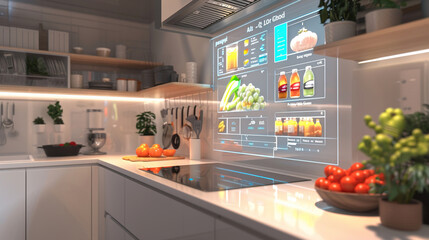 Futuristic Smart Kitchen with Digital Interface Digital and technology concept.