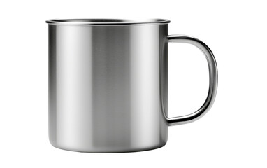Stainless Steel Mug. A stainless steel mug has a shiny surface, reflecting the surrounding light. Its handle is visible on one side, with no visible markings or designs.