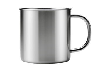 Stainless Steel Mug. A stainless steel mug has a shiny surface, reflecting the surrounding light. Its handle is visible on one side, with no visible markings or designs.