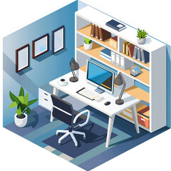 Modern office room isometric with monitor,book shelf,mood board.
