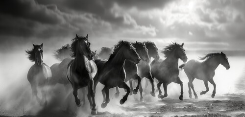 A herd of wild horses gallop across rolling plains, their thundering hooves stirring the dust of the prairie.