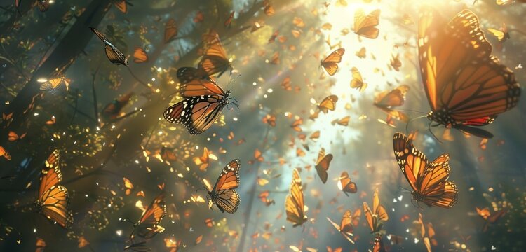 A kaleidoscope of butterflies flutters among sun-dappled trees, painting the air with delicate hues.