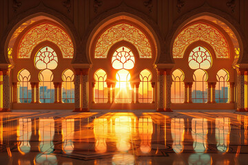 Fototapeta premium windows architecture of the mosque. the room is lit by the bright sunlight coming. ramadan kareem banner background. ramadan kareem holiday celebration concept