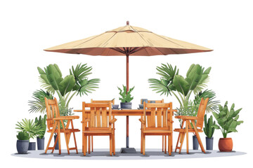 Wooden Table With Chairs and Umbrella. A wooden table with four chairs arranged around it, a large umbrella providing shade. On PNG Transparent Clear Background.