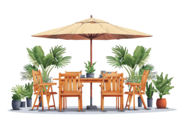 Wooden Table With Chairs and Umbrella. A wooden table with four chairs arranged around it, a large umbrella providing shade. On PNG Transparent Clear Background.