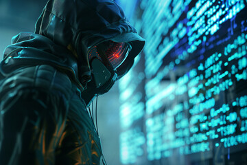 A 3D animated scene depicting a hacker using advanced technology to access encrypted data