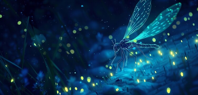A luminous firefly dances amidst a velvet sea of night, casting its glow in rhythmic patterns.