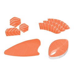 Cartoon salmon slices, red fish pieces, delicious sashimi slices, salmon steak, fresh salmon fillets. Vector illustration.