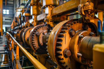 Fototapeta premium Gears and cogs turning in a factory - a digital illustration of technology and machinery