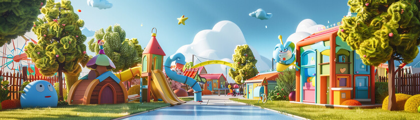 Bring to life a 3D animated schoolyard filled with quirky characters and vibrant colors in the backdrop - obrazy, fototapety, plakaty