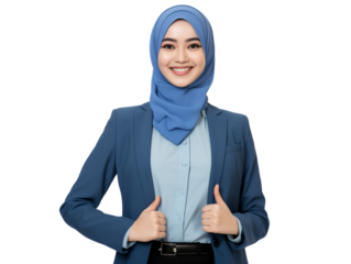 Professional Young Businesswoman in Blue Hijab Giving Thumbs Up - Isolated on White