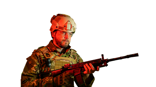 a soldier with a machine gun in his hands - Powered by Adobe