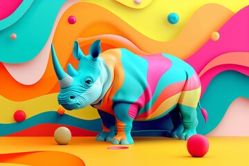 Create a whimsical and colorful 3D illustration of a rhinoceros made out of plasticine set against a vibrant and abstract backdrop background