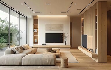 Interior of beige wooden living room.