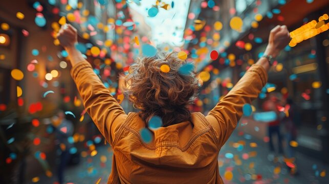 A successful businessman with arms up celebrating his victory.
