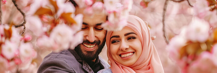 Fototapeta premium A happy Arabian couple smiling and embracing under a cherry blossom tree