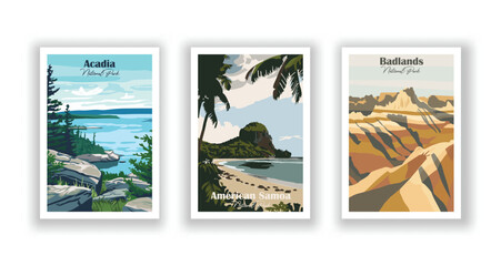 Acadia, National Park. American Samoa, National Park. Badlands, National Park - Vintage travel poster. Vector illustration. High quality prints