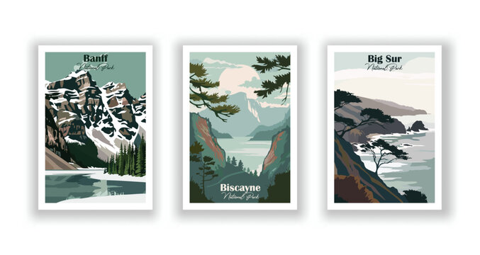 Banff, National Park. Big Sur, National Park. Biscayne, National Park - Vintage travel poster. Vector illustration. High quality prints