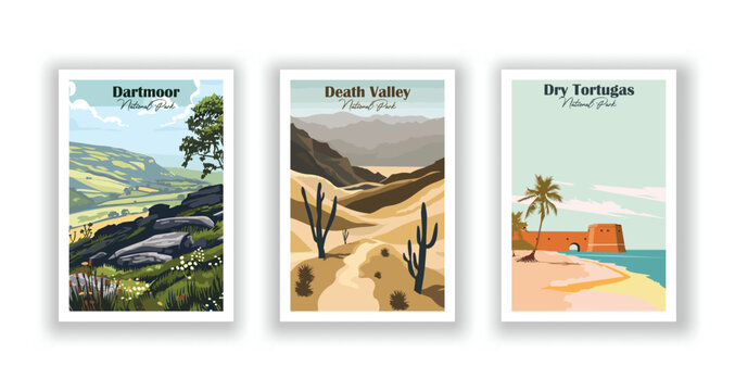 Dartmoor, National Park. Death Valley, National Park. Dry Tortugas, National Park - Vintage travel poster. Vector illustration. High quality prints