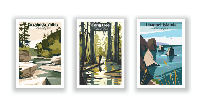 Channel Islands, National Park. Congaree, National Park. Cuyahoga Valley, National Park - Vintage travel poster. Vector illustration. High quality prints