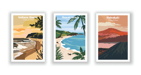 Haleakalā, National Park. Hawaii beach , National Park. Indiana Dunes, National Park - Vintage travel poster. Vector illustration. High quality prints