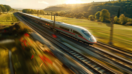 A high-speed train speeding through the French countryside